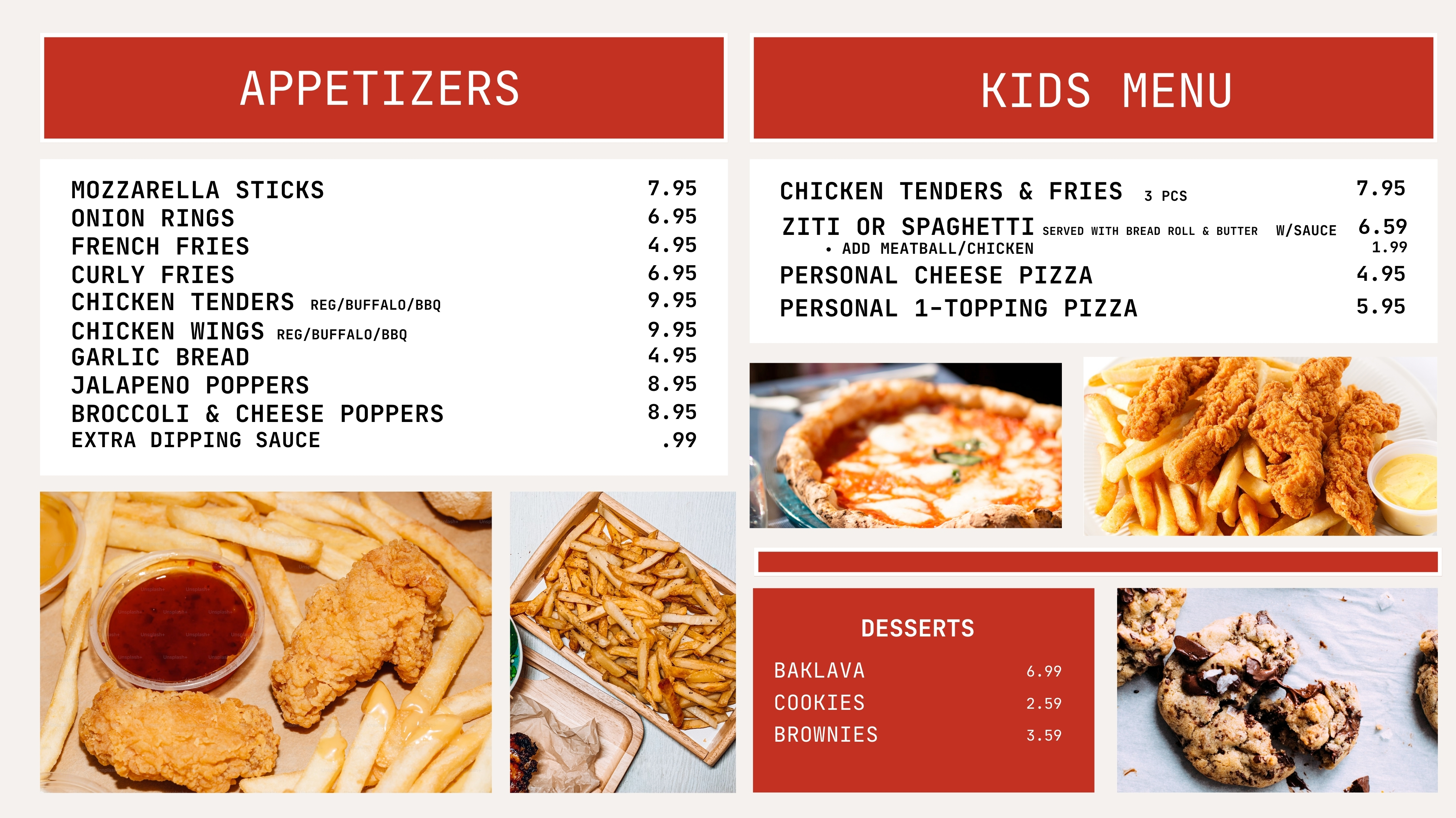 Appertizers, Kids Menu, and Dessert Menu Slide version 1.
