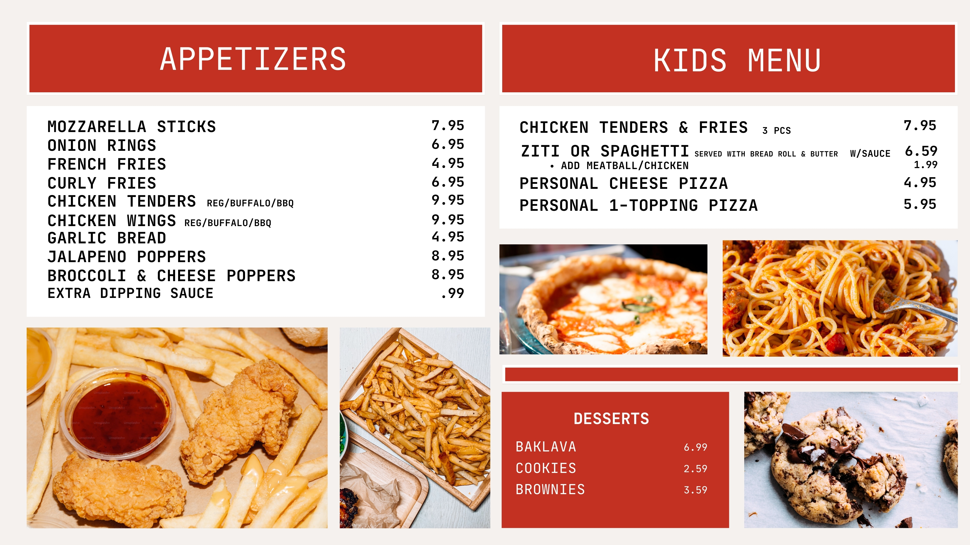 Appertizers, Kids Menu, and Dessert Menu Slide version 3.
