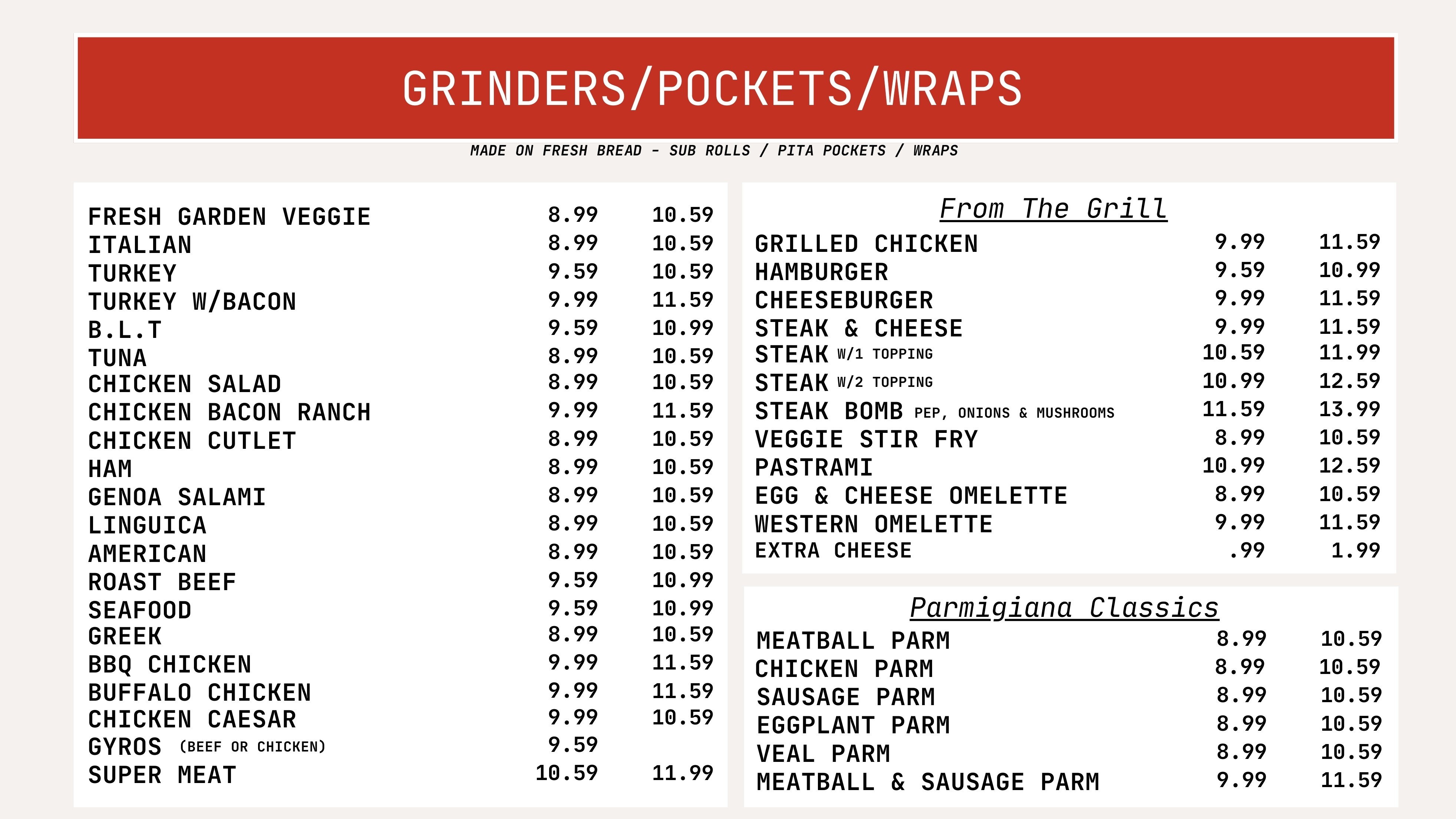 Subs, Pockets, Wraps Menu Slide.