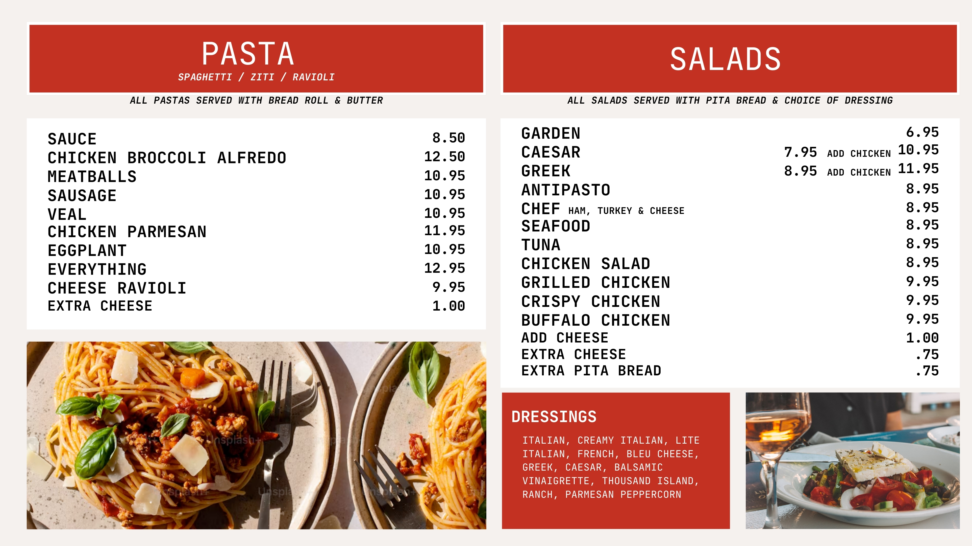 Pasta and Salads Menu Slide.